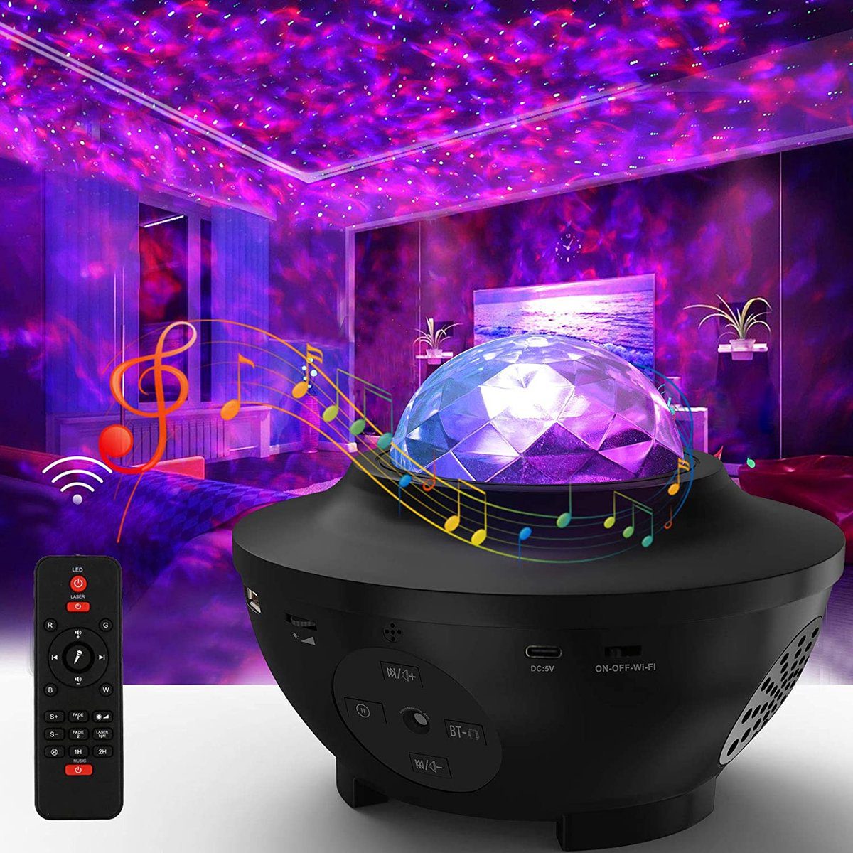 De projector speelt muziek in een paars verlichte kamer