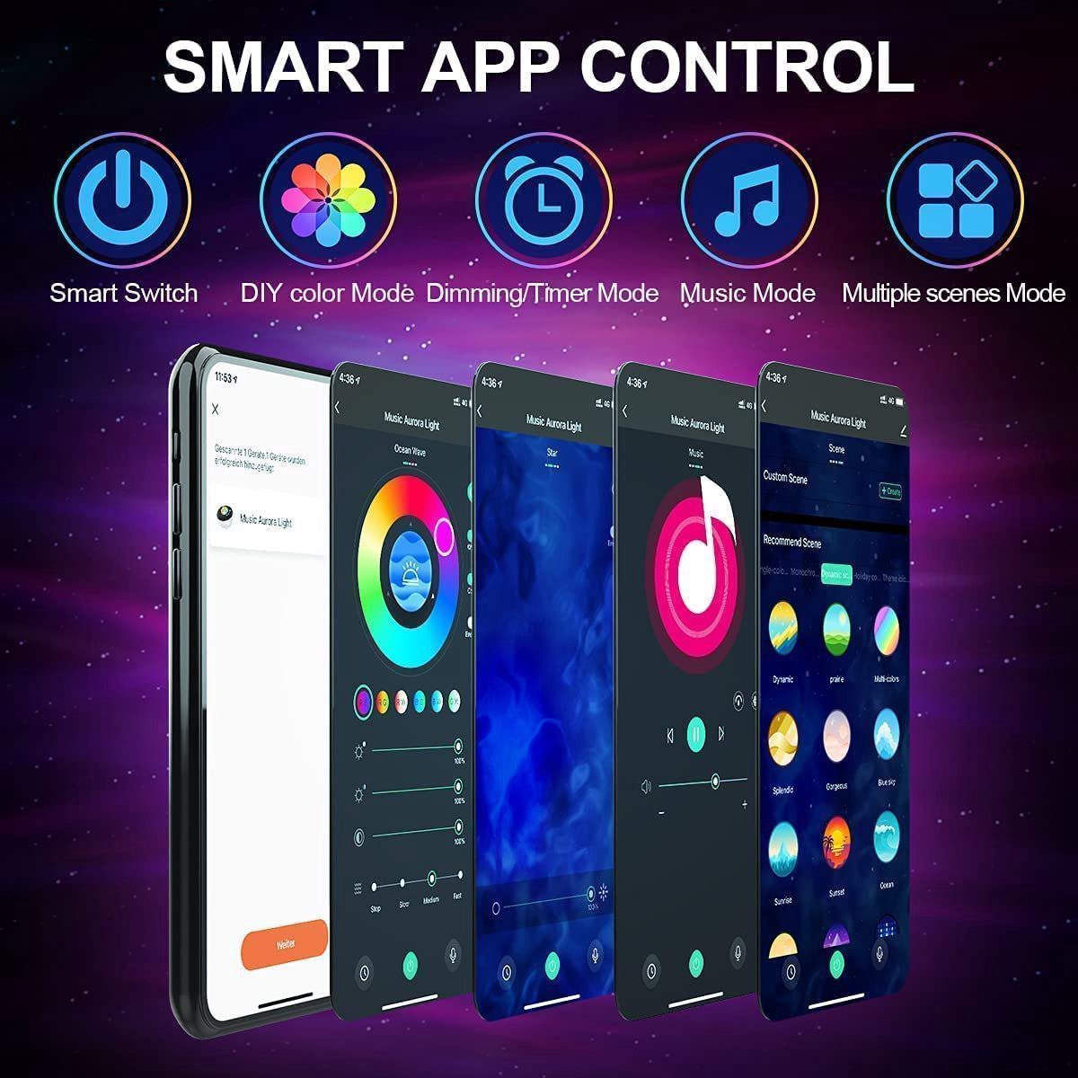 De galaxy projector wordt bediend via de smartphone-app