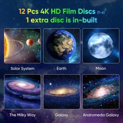 Sechs der 4K-Filmscheiben: Sonnensystem, Erde und Mond