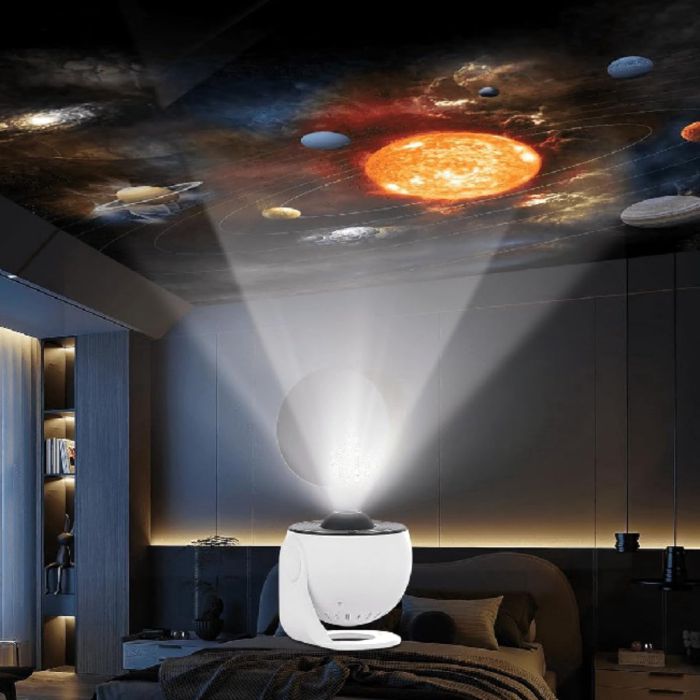 Planetarium Projektor auf einem Schlafzimmerboden, das Sonnensystem an der Decke