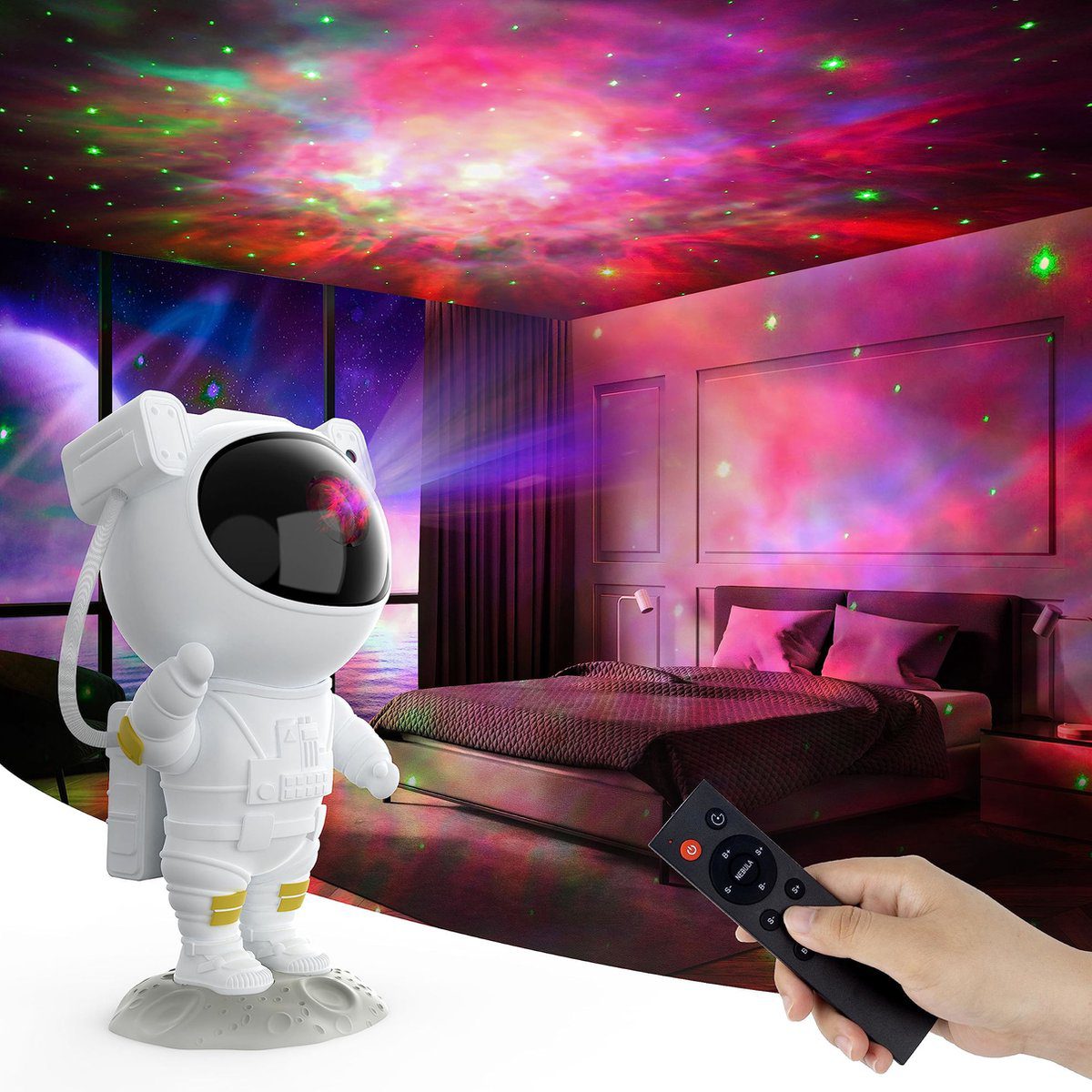 Astronaut-Galaxieprojektor, der eine blau-violette Galaxie in ein Schlafzimmer projiziert