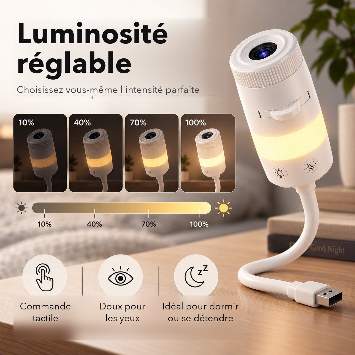 Les quatre niveaux de luminosité de la veilleuse