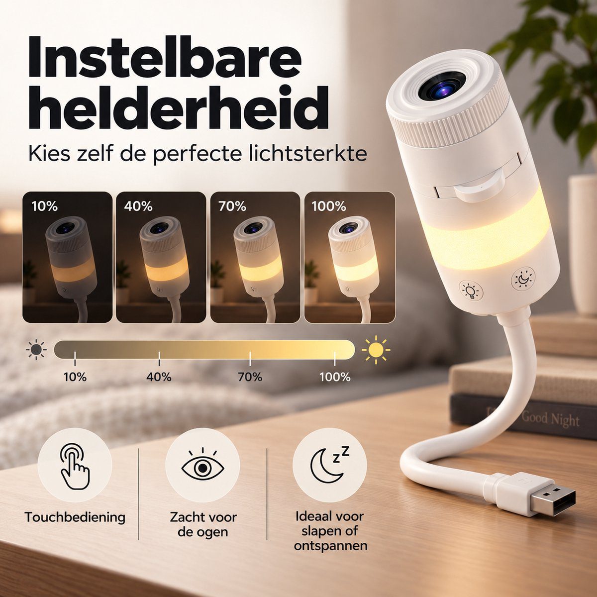 De vier helderheidsstanden van het nachtlampje