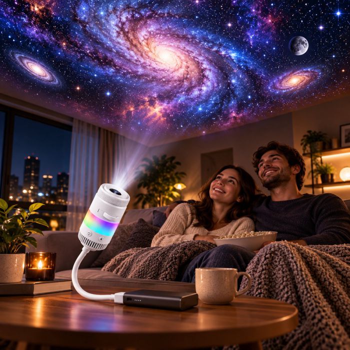 USB Sternenprojektor auf einem Beistelltisch, eine Galaxie an der Wohnzimmerdecke