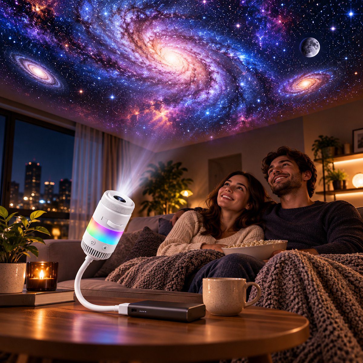 USB Sternenprojektor auf einem Beistelltisch, eine Galaxie an der Wohnzimmerdecke