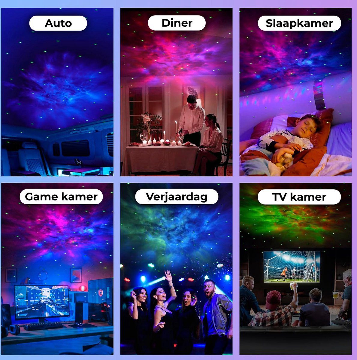 De projector in een gamekamer, een slaapkamer en op een feestje