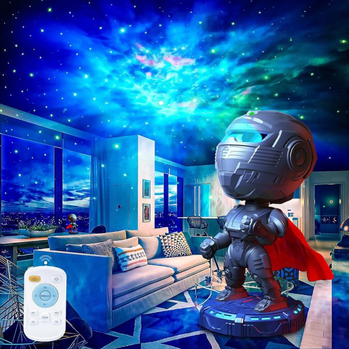 Warrior Sternenprojektor in einem Wohnzimmer, Nebel und Sterne an der Decke, die Fernbedienung daneben